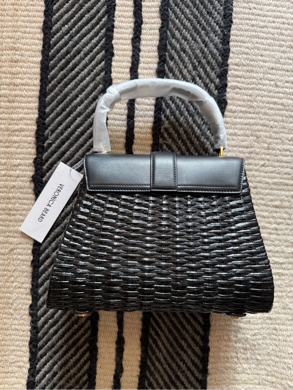 Veronica Beard Black Woven Top-Handle Basket Bag with Gold Crest Hardware - Picture 2 of 15